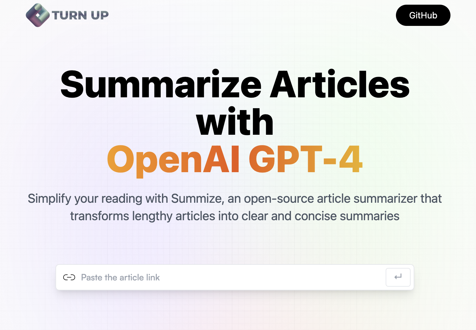 App summarizer web link showing app screen on landing page
